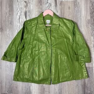 Chico’s Metallic‎ Green Linen Blend Swing Jacket Women’s Size XL Shimmer Coat